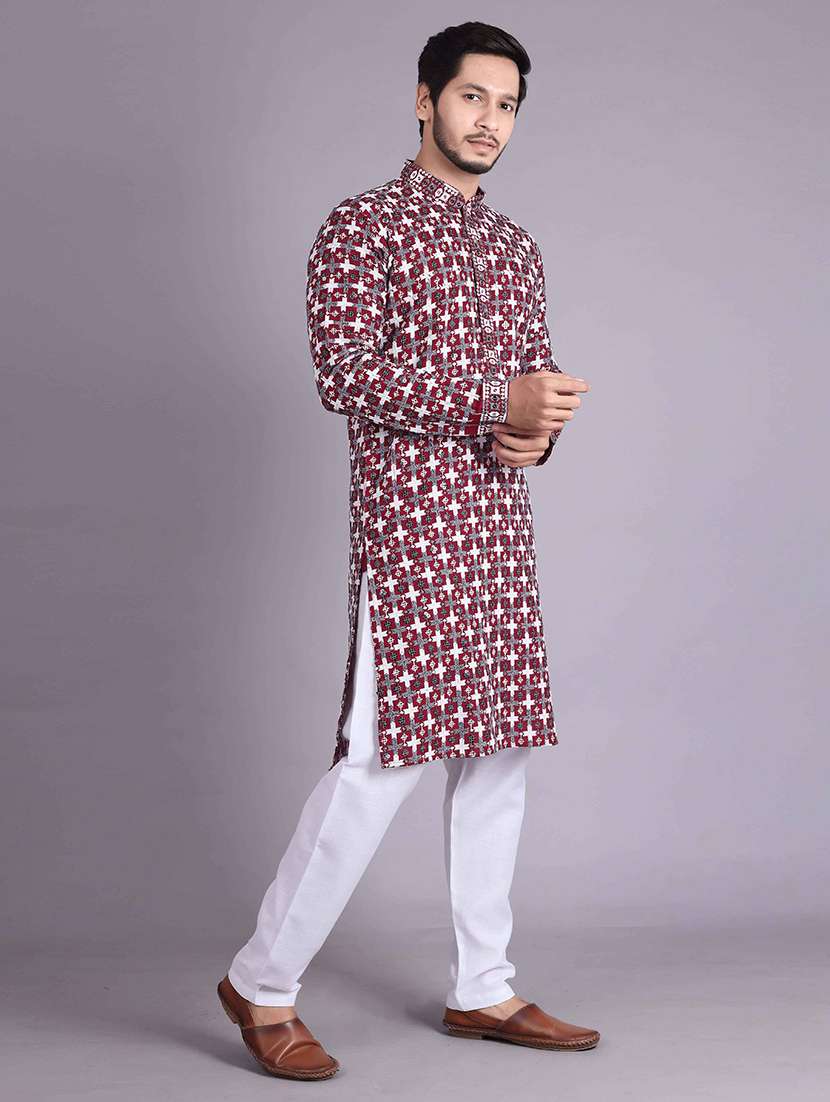 men solid with work mandarin neck long kurta - 22596750 -  Standard Image - 2