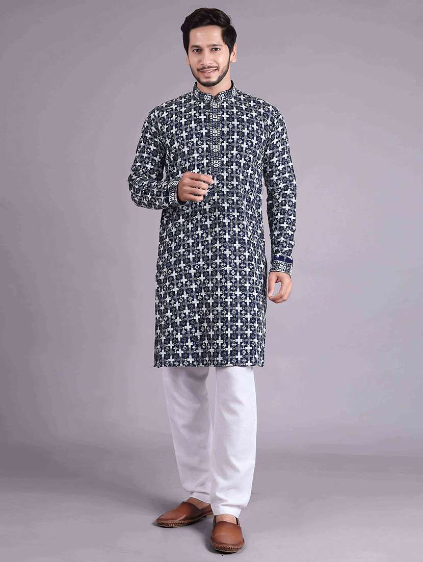 men solid with work mandarin neck long kurta - 22596751 -  Standard Image - 2