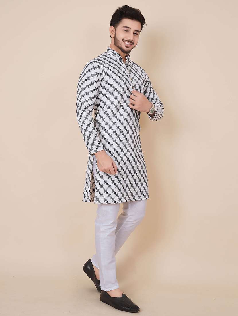 men solid with work mandarin neck long kurta - 22596752 -  Standard Image - 2
