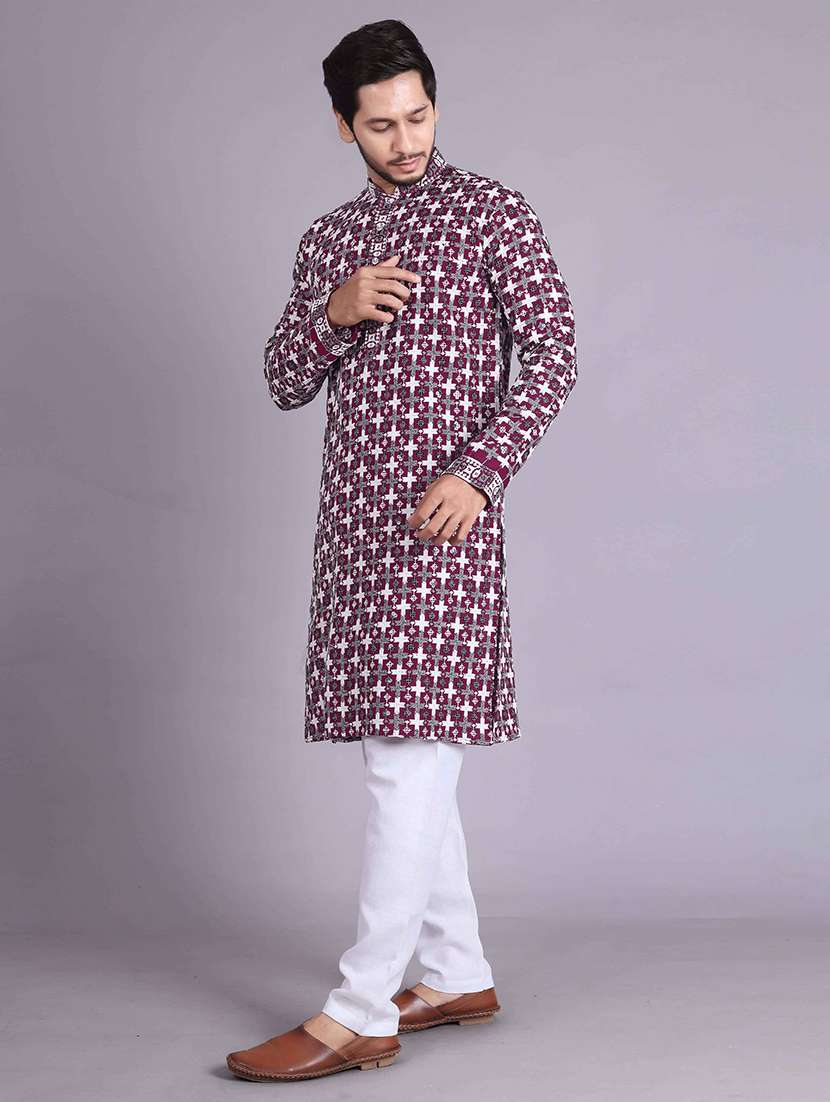 men solid with work mandarin neck long kurta - 22596753 -  Standard Image - 2