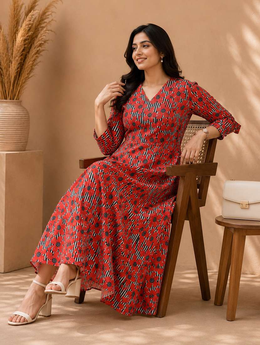 women printed three quarter sleeves fit and flare dress