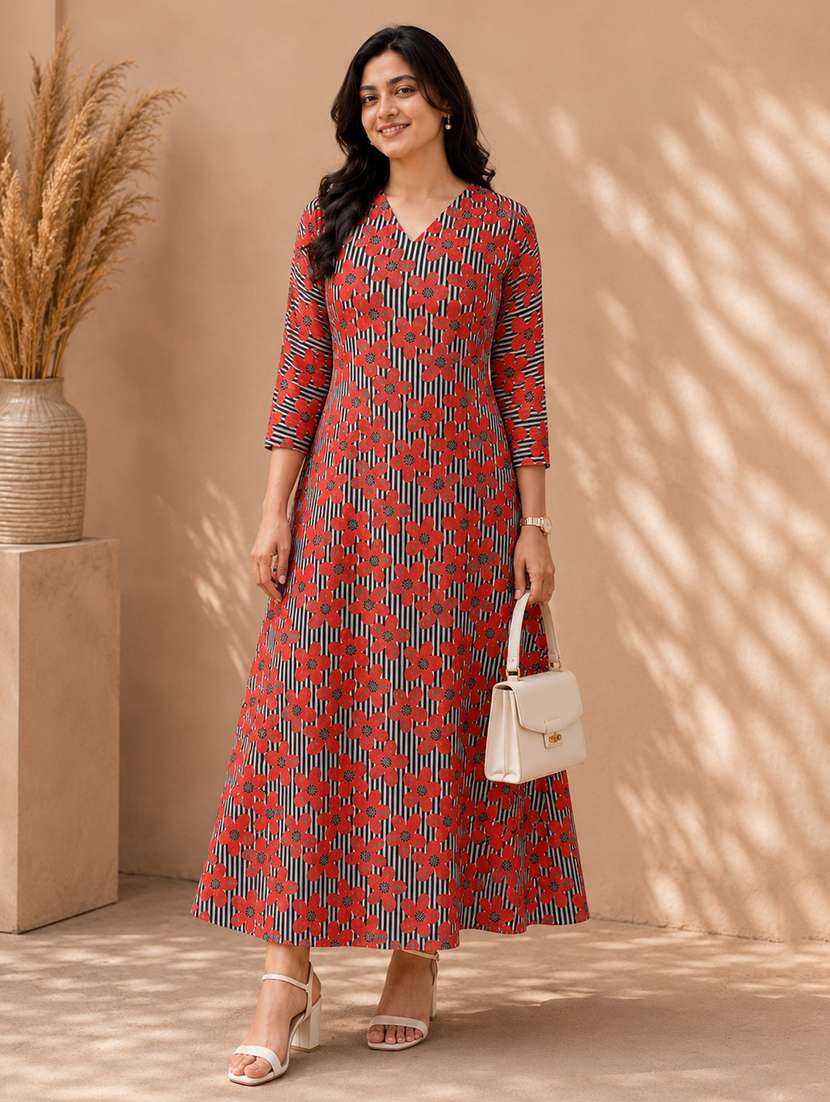 women printed three quarter sleeves fit and flare dress - 22596996 -  Standard Image - 2
