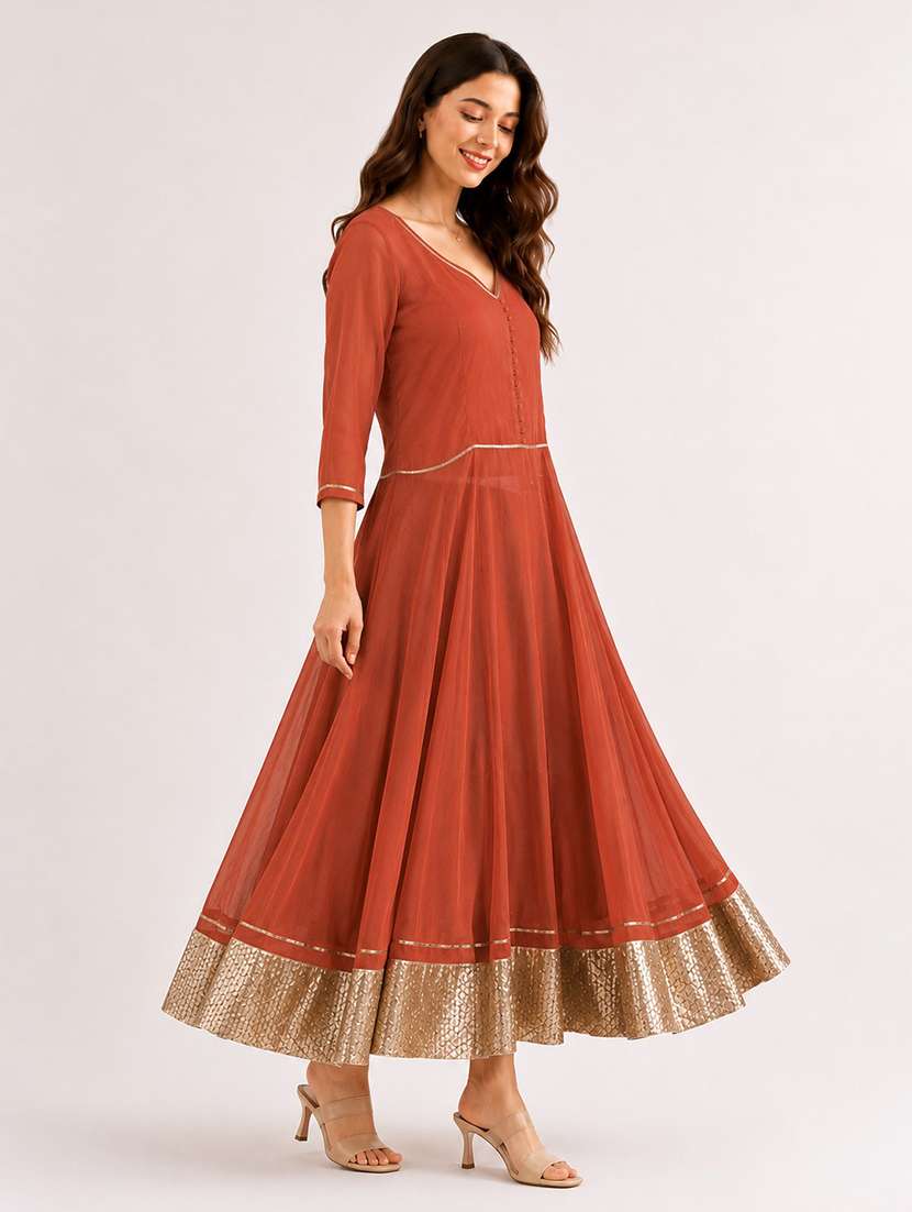 women solid three quarter sleeves anarkali dress - 22597005 -  Standard Image - 2