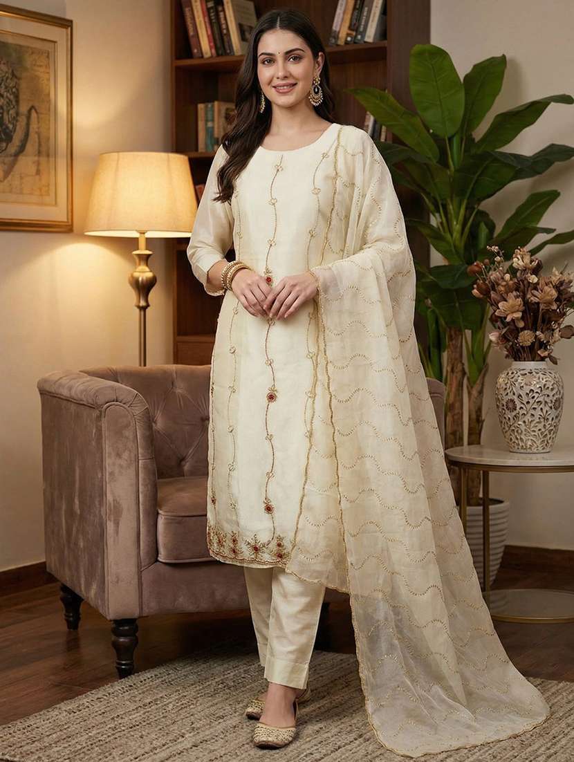 women solid with work unstitched suit set
