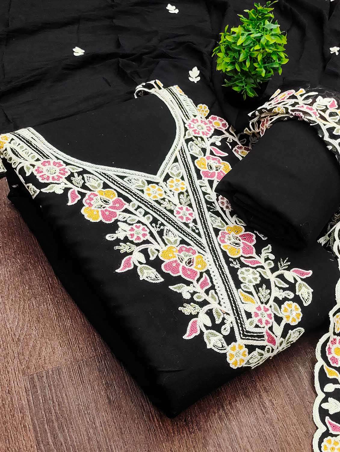 women solid with work unstitched suit set