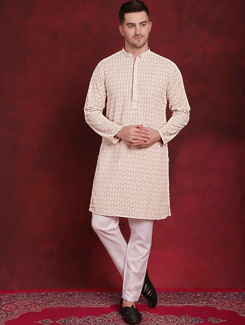 men embroidered mandarin neck kurta pyjama set