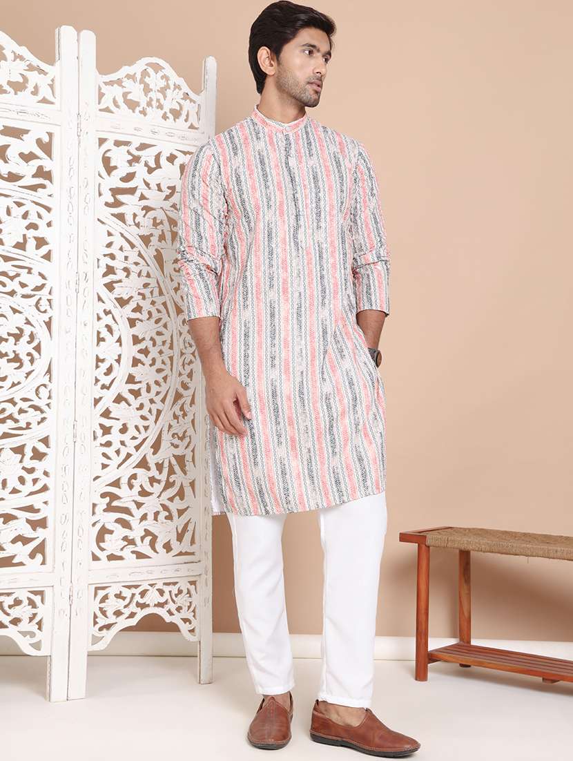 men printed mandarin neck kurta pyjama set