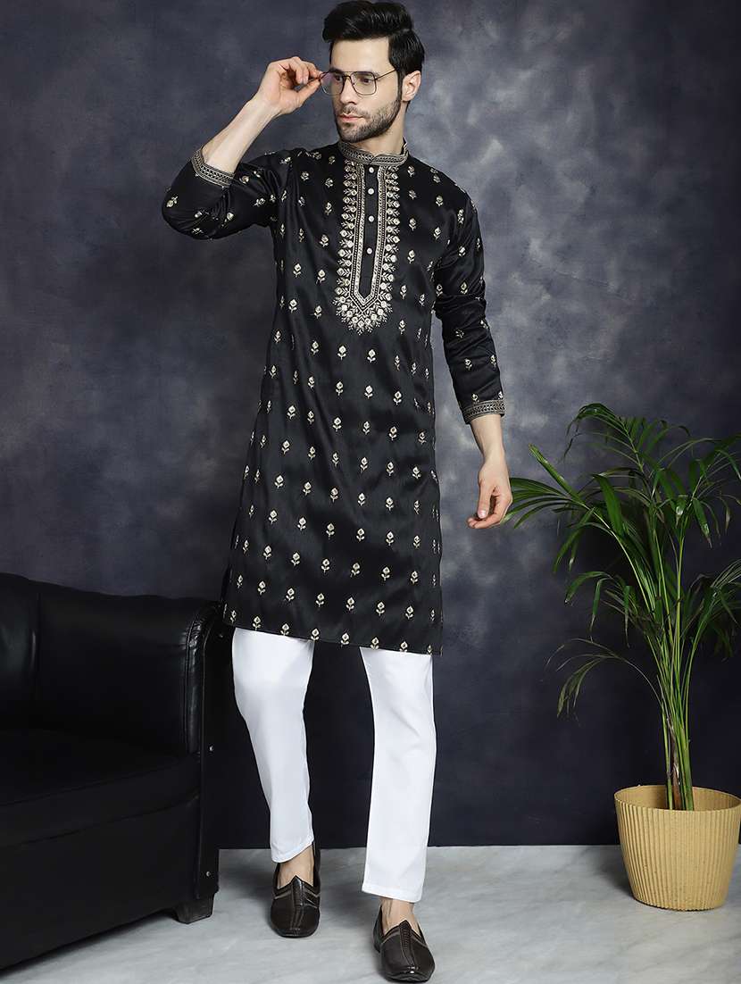 men solid with work mandarin neck long kurta - 22597525 -  Standard Image - 2