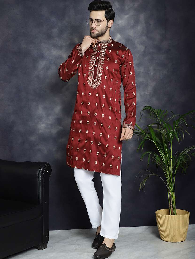 men solid with work mandarin neck long kurta - 22597526 -  Standard Image - 2