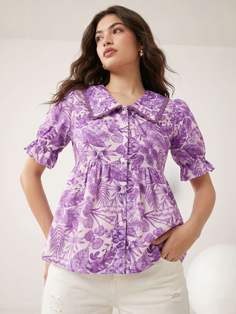 women printed puff sleeves peplum top