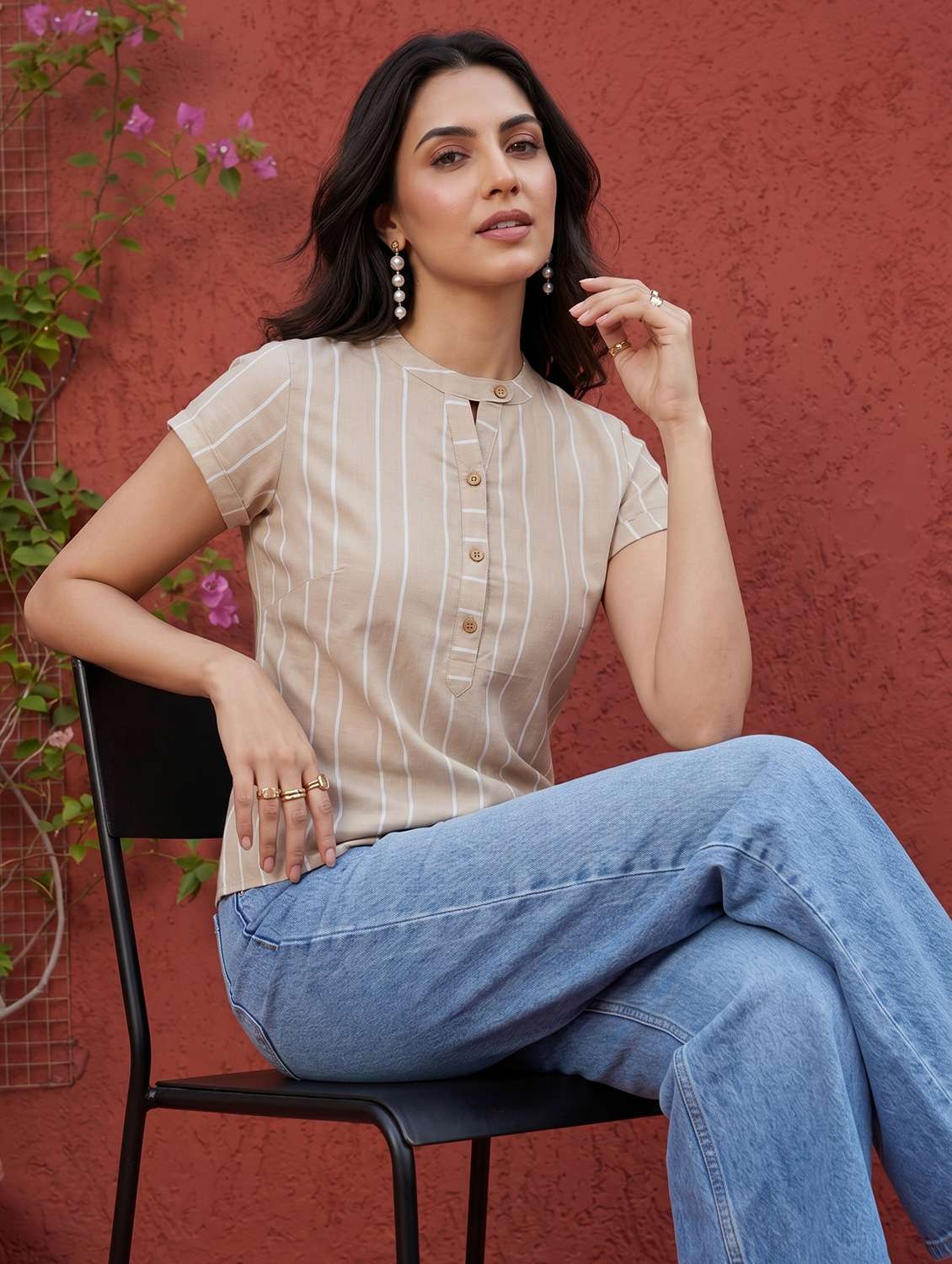 women striped short sleeves regular top