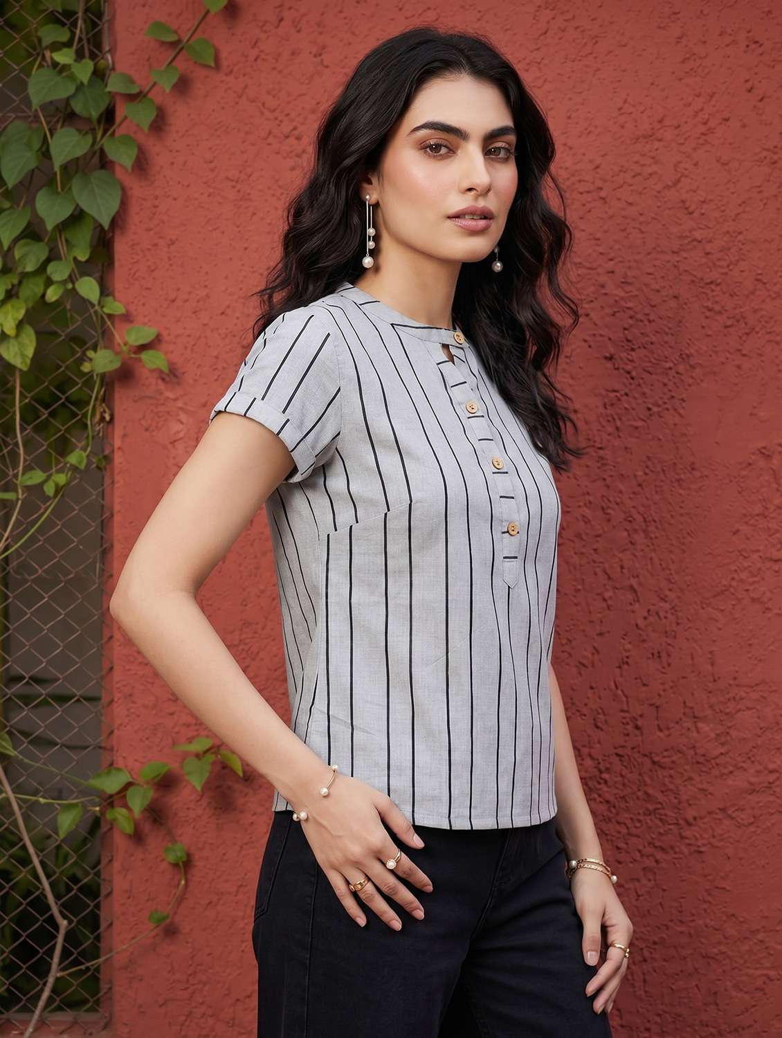 Women Striped Short Sleees Regular Top - 22597787 -  Standard Image - 2