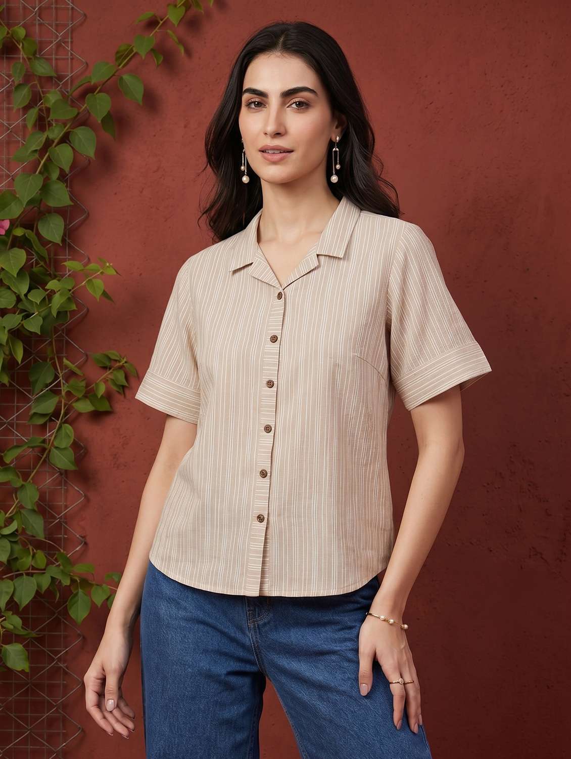 women striped short sleeves shirt style top