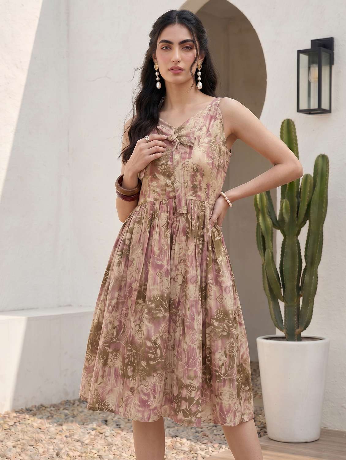 women printed sleeveless fit and flare dress
