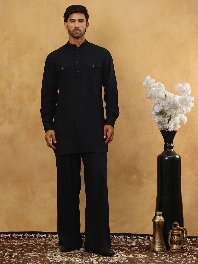 men solid long sleeves pathani kurta set - 22598028 -  Standard Image - 2