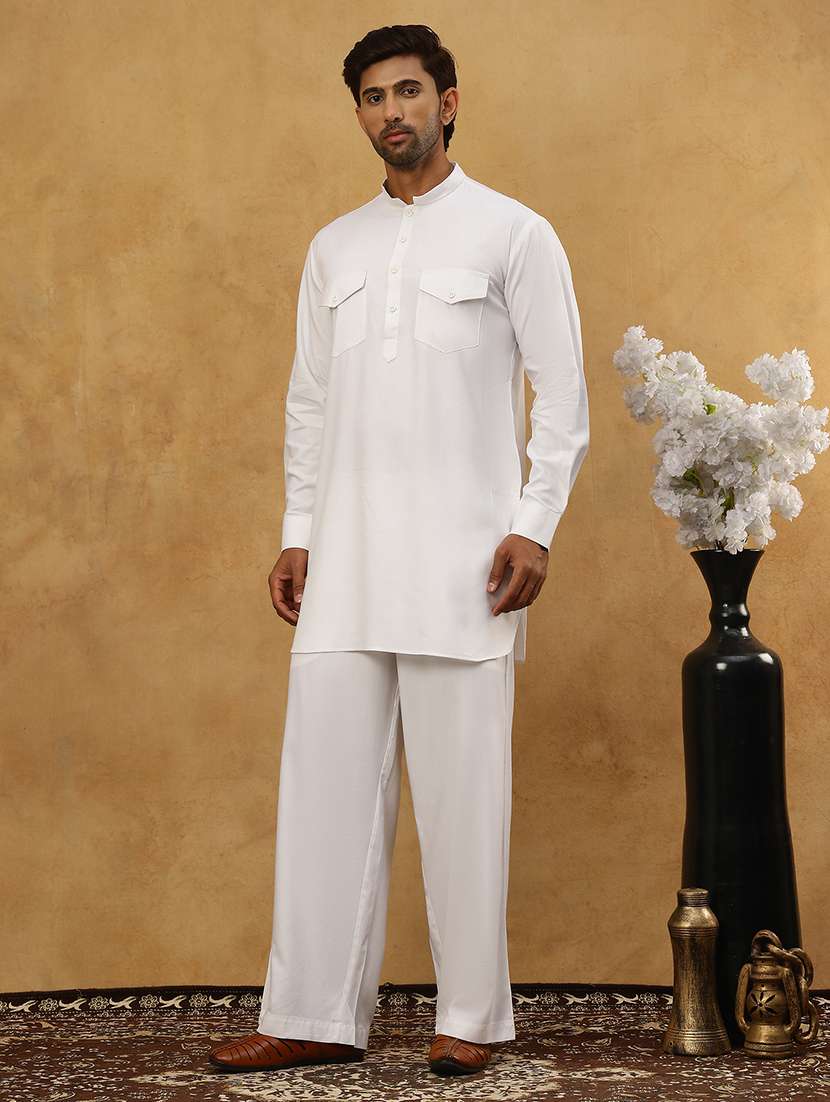 men solid long sleeves pathani kurta set - 22598030 -  Standard Image - 2