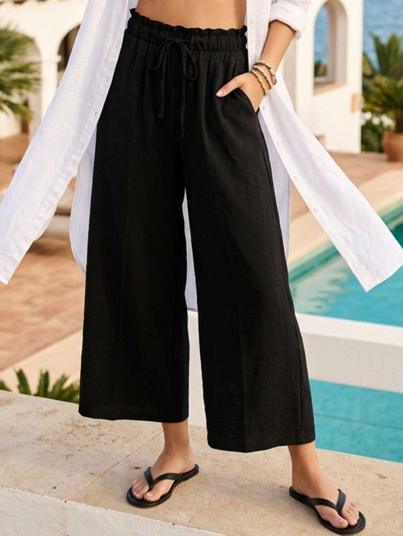 women solid high rise wide leg trouser