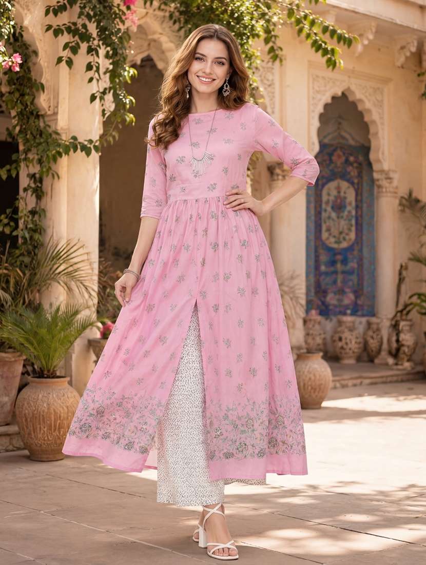 women printed three quarter sleeves kurta pant set - 22598072 -  Standard Image - 2