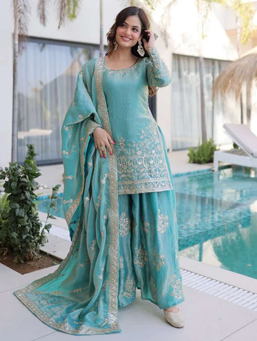 women embroidered long sleeves kurta palazzo set with dupatta