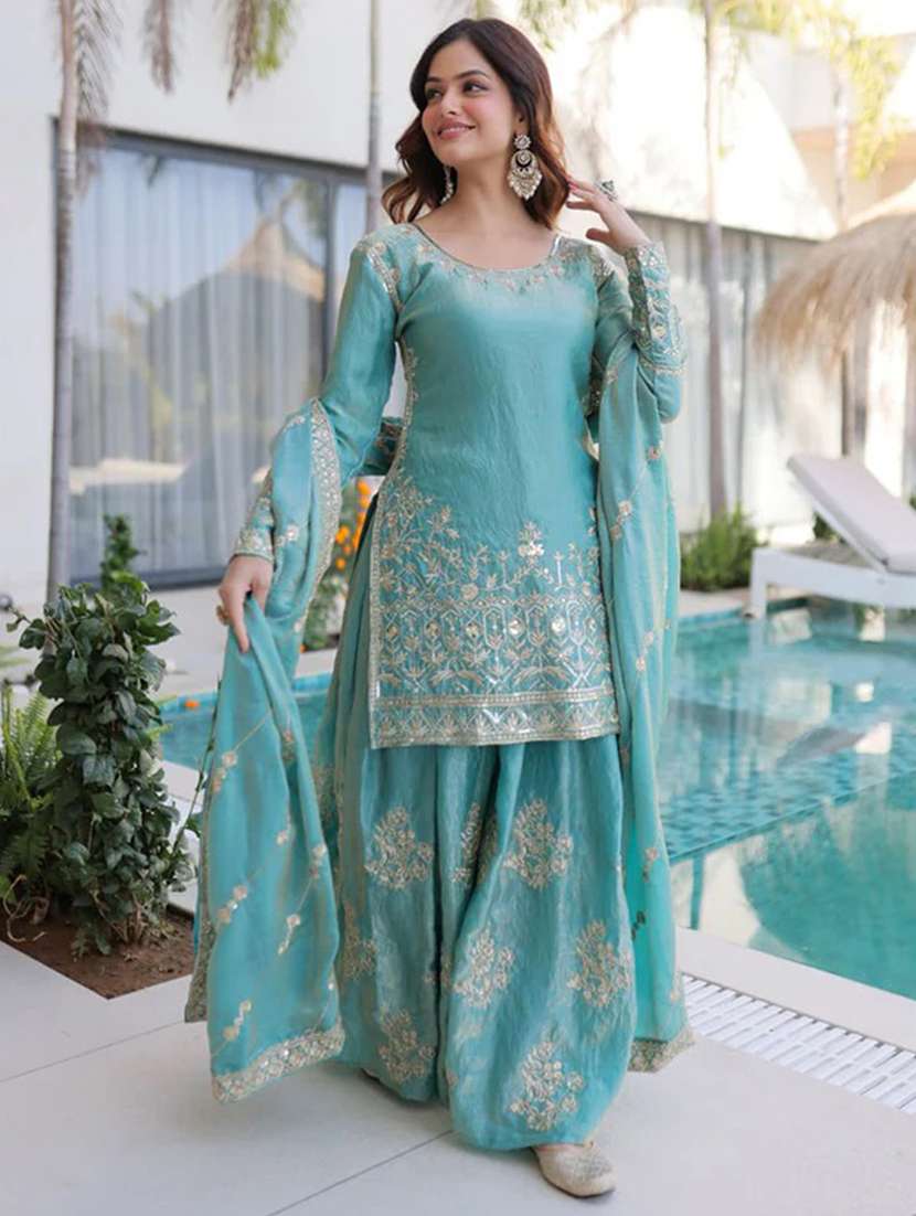 women embroidered long sleeves kurta palazzo set with dupatta - 22598093 -  Standard Image - 2