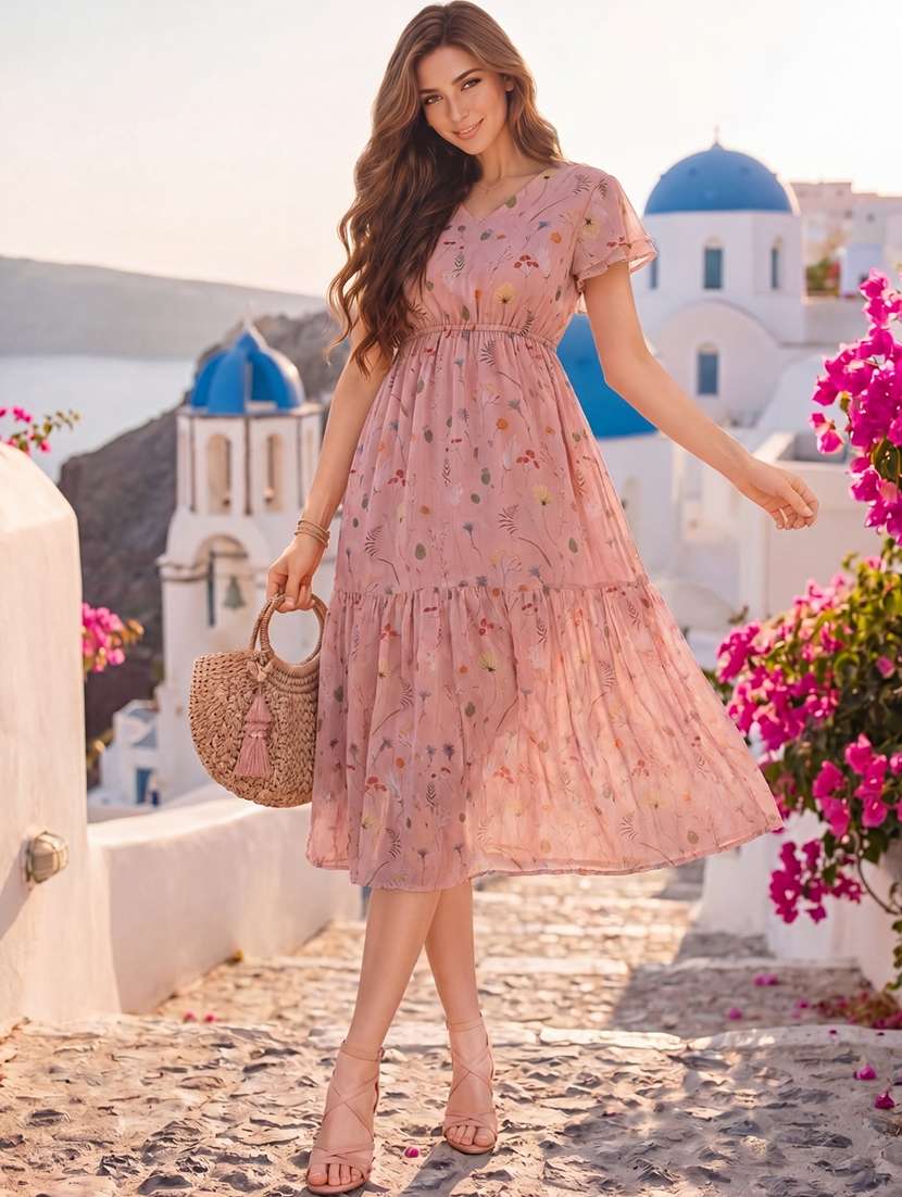 women printed short sleeves tiered dress