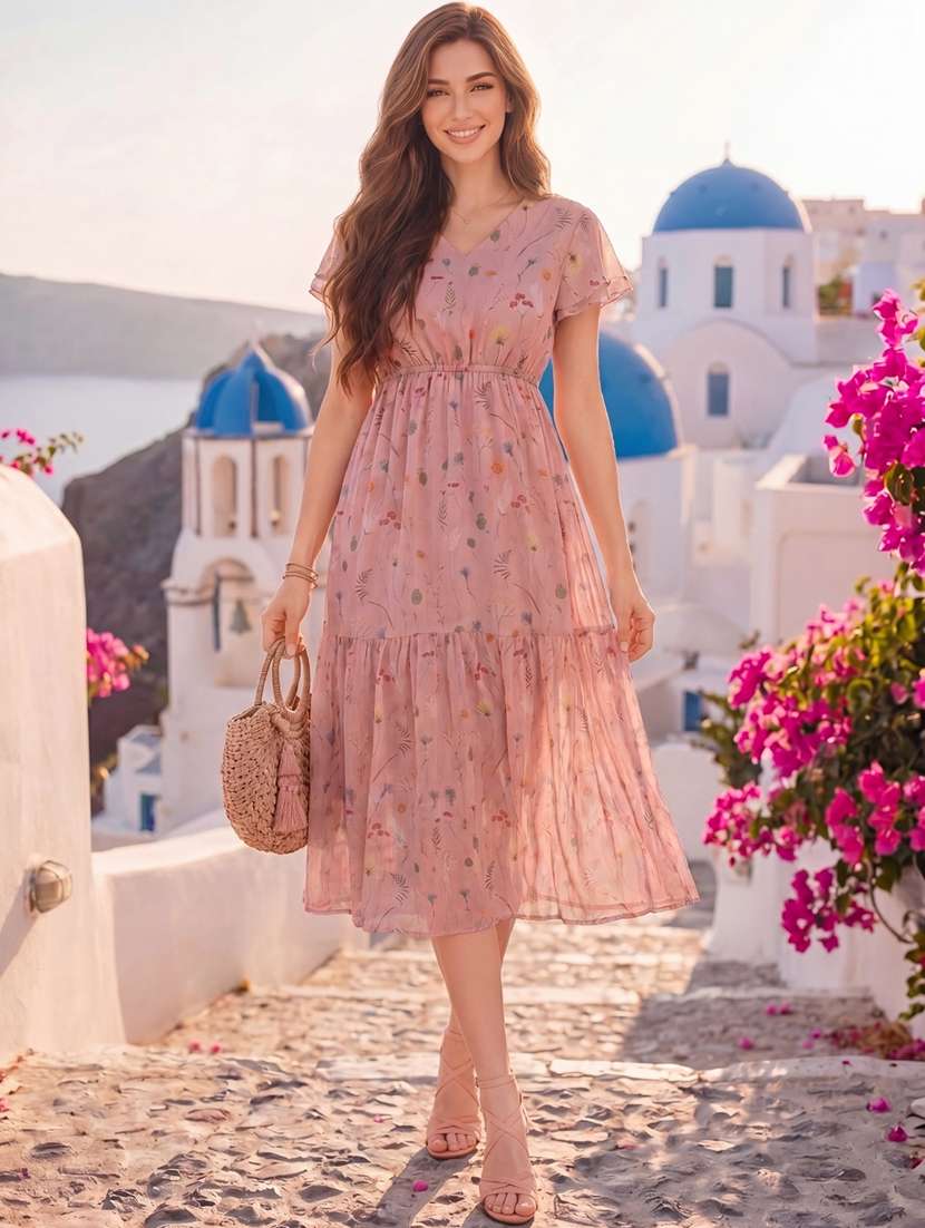 Women Printed Short Sleeves Tiered Dress - 22598132 -  Standard Image - 2
