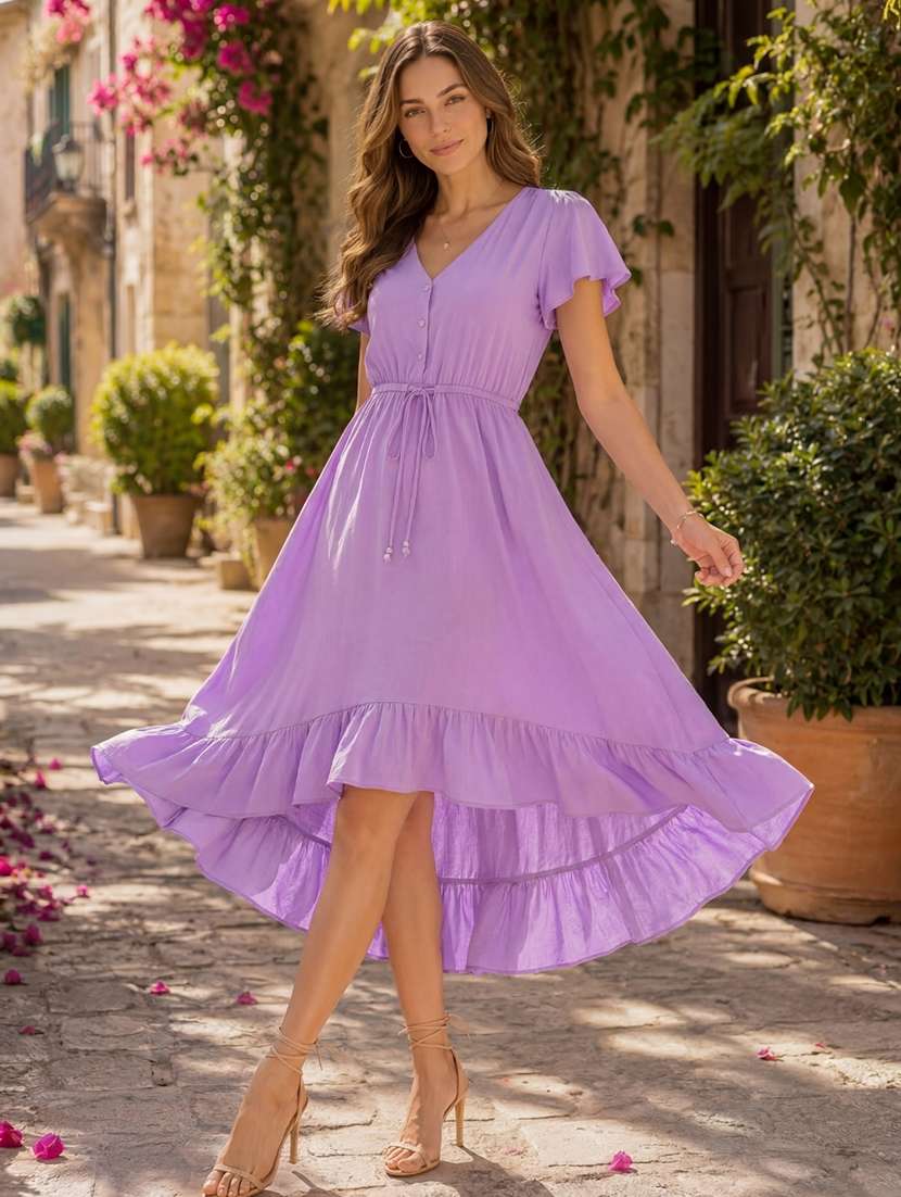 women solid ruffle sleeves high low dress - 22598133 -  Standard Image - 2