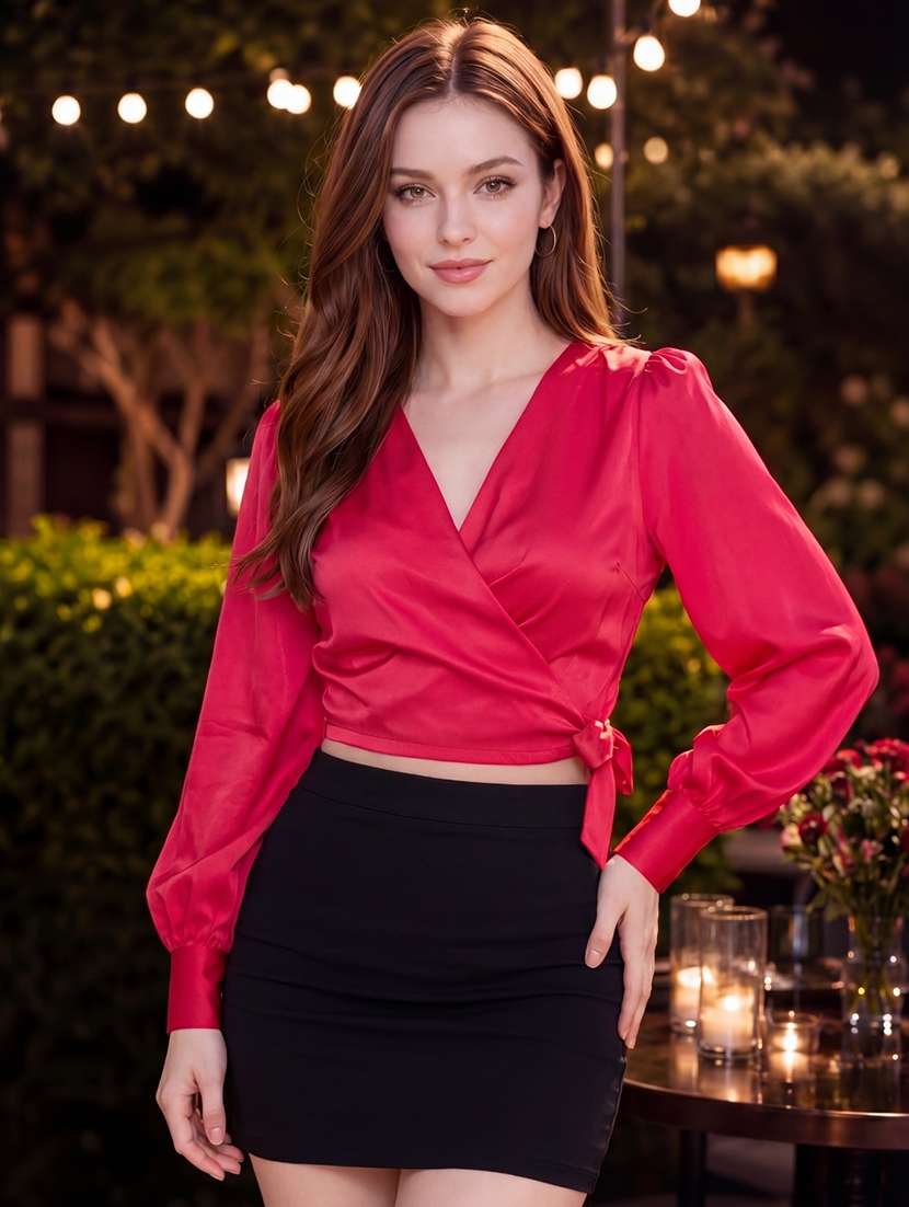 women solid bishop sleeves wrap top