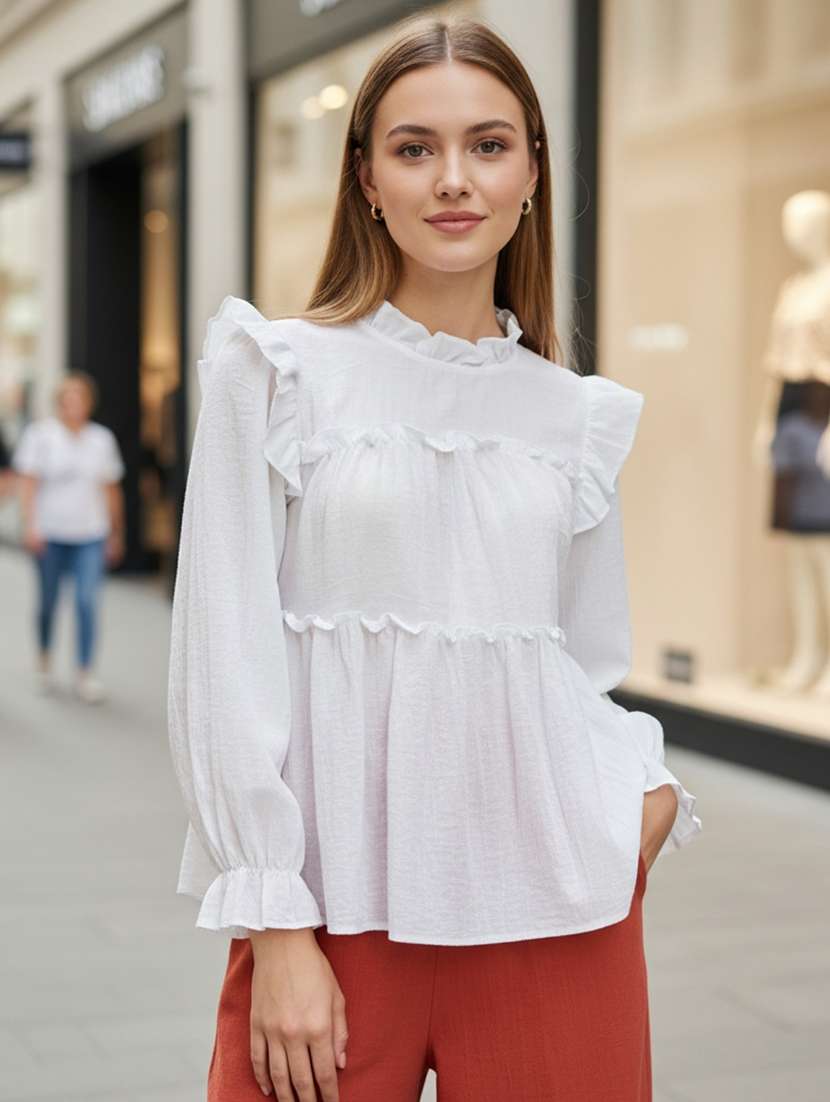 women solid long sleeves tiered top