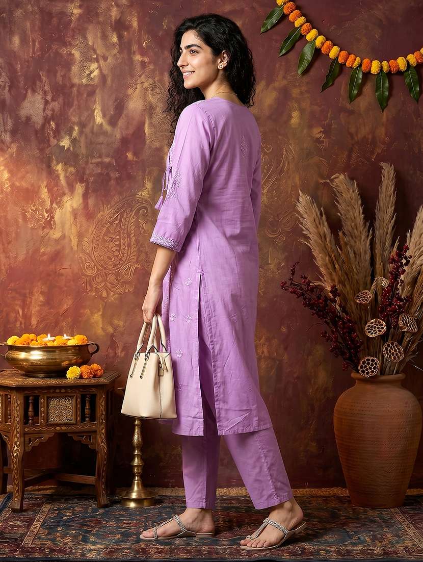 women embroidered three quarter sleeves kurta pant set  - 22598188 -  Standard Image - 2