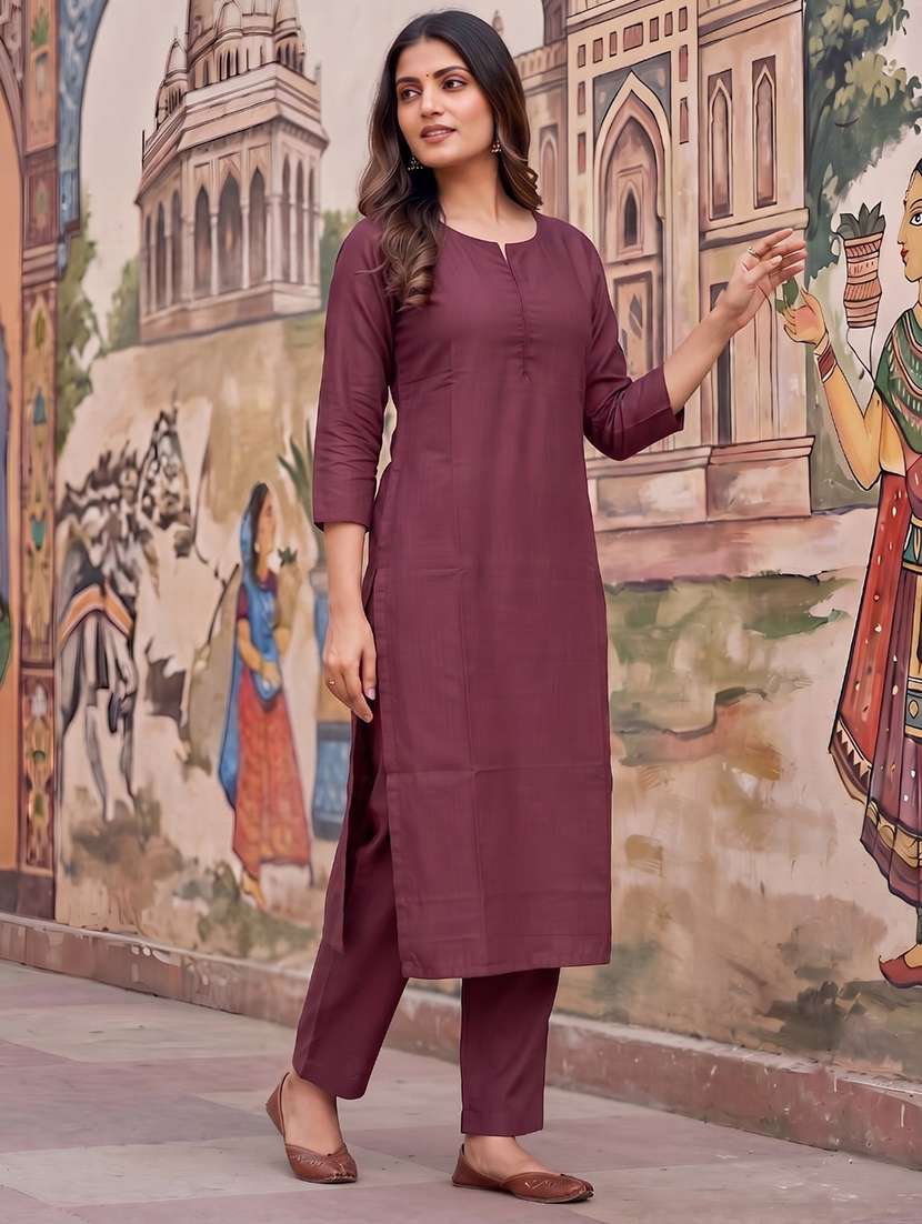 women solid three quarter sleeves kurta pant set - 22598358 -  Standard Image - 2