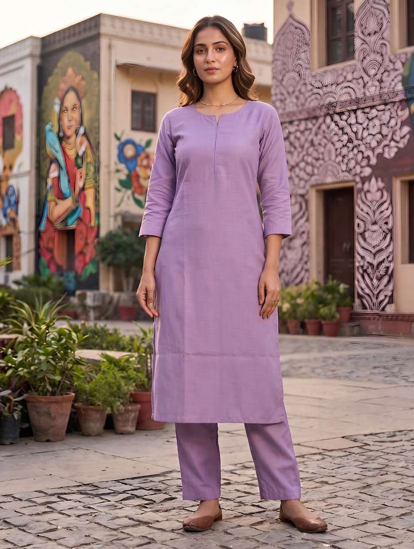 women solid three quarter sleeves kurta pant set