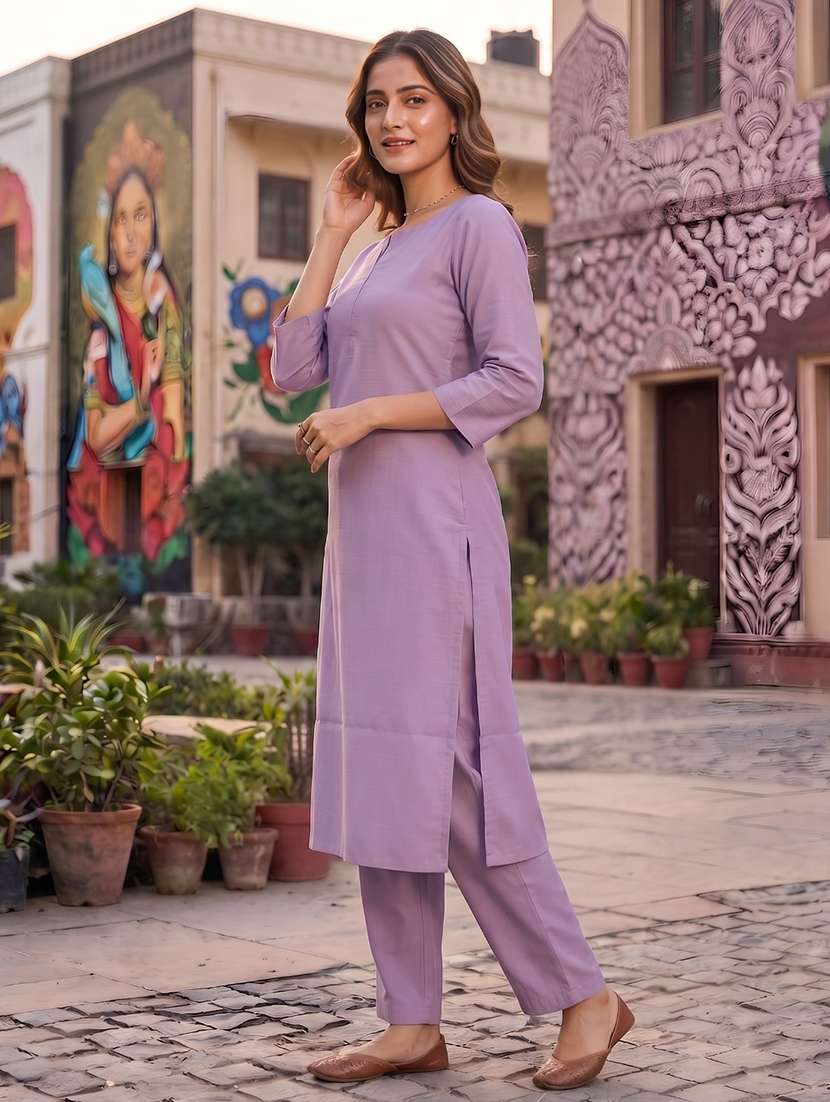 Women Solid Three Quarter Sleeves Kurta Pant Set - 22598360 -  Standard Image - 2