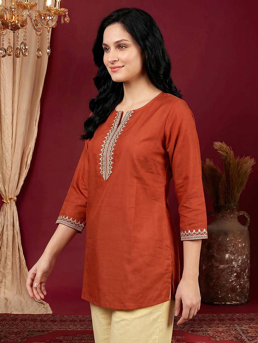 Women Embroidered Three Quarter Sleeves Straight Kurti - 22598426 -  Standard Image - 2