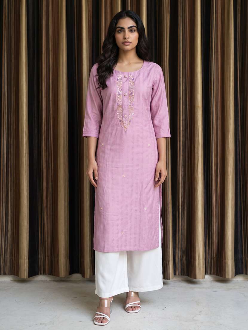women embroidered three quarter sleeves straight kurta