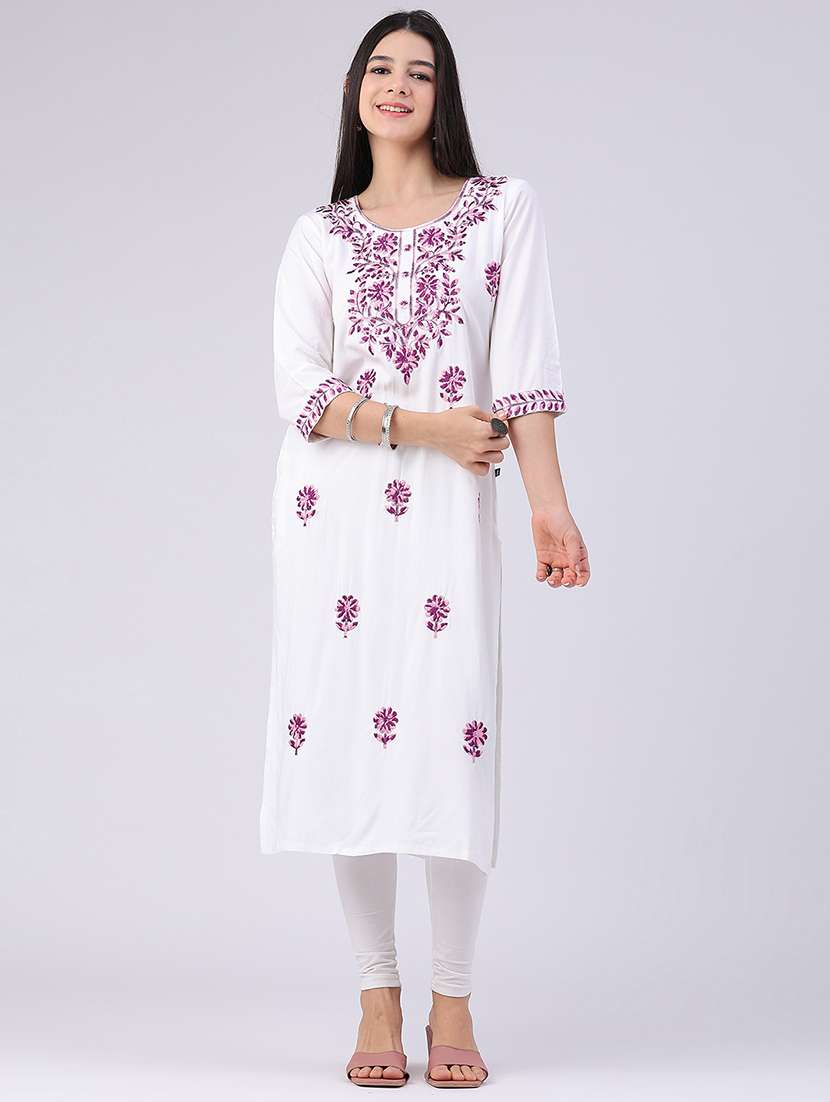 Women Embroidered Three Quarter Sleeve Straight Kurta - 22598730 -  Standard Image - 2