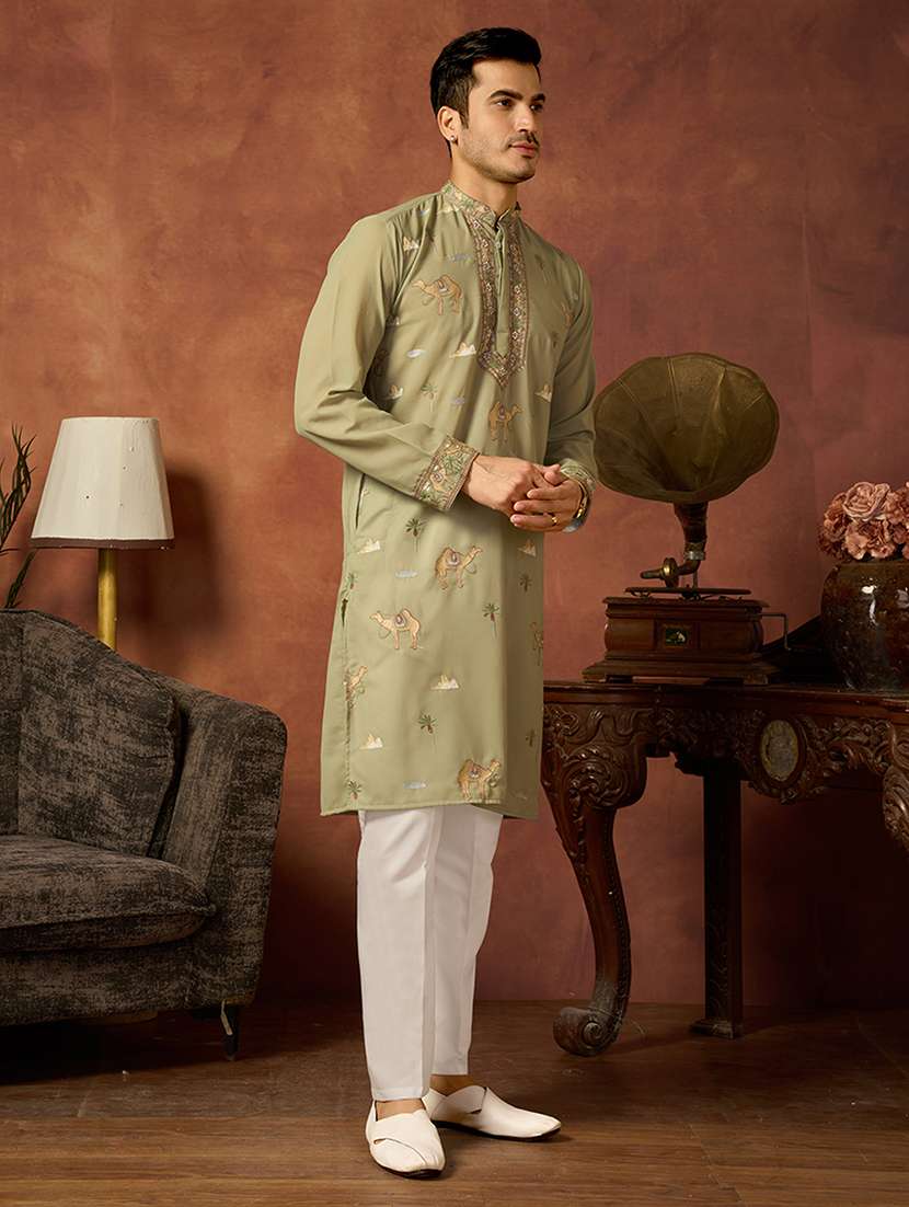 Men Solid With Work Mandarin Neck Long Kurta - 22598982 -  Standard Image - 2