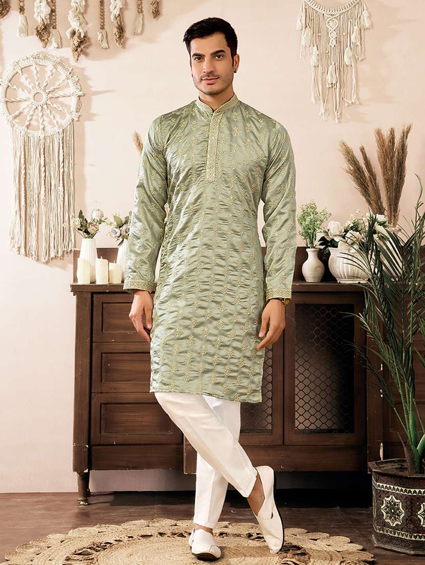 men solid with work mandarin neck long kurta