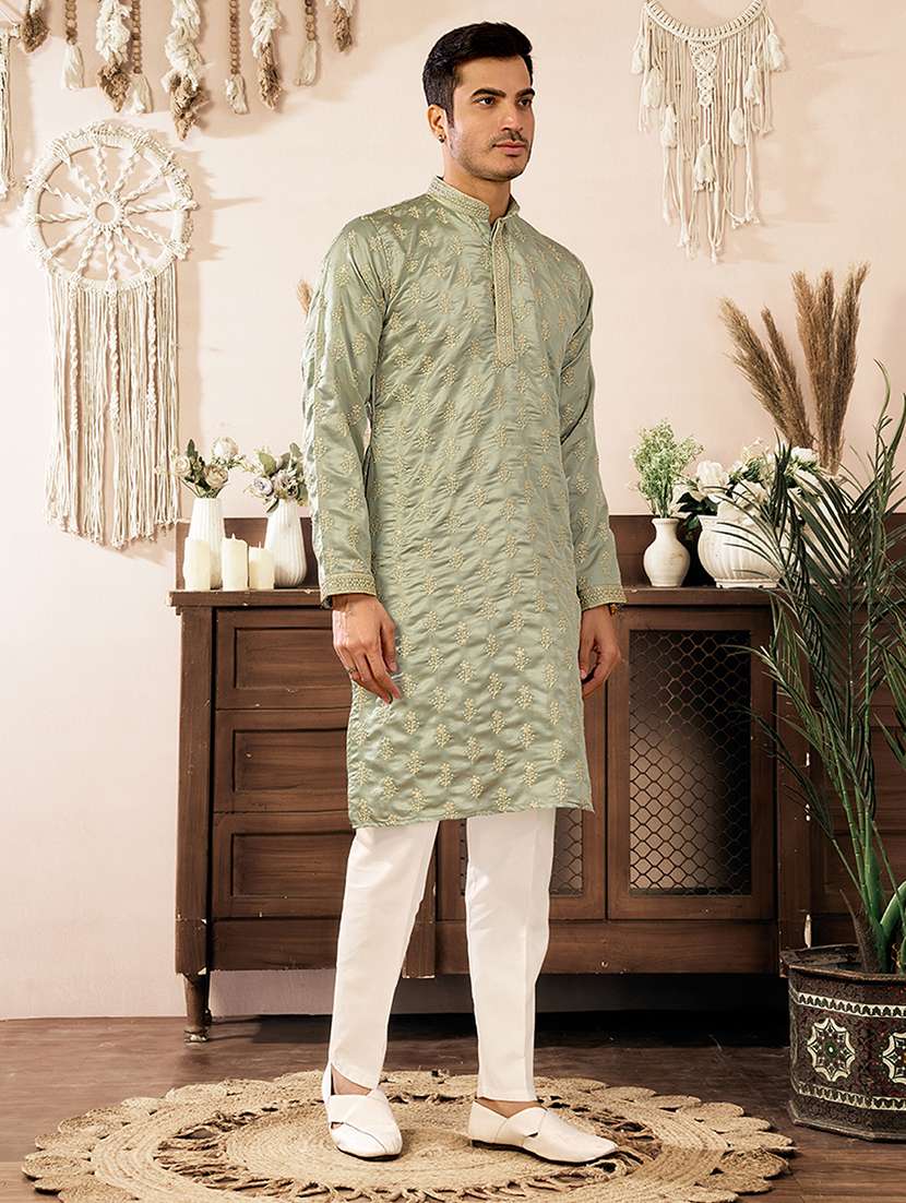 men solid with work mandarin neck long kurta - 22598986 -  Standard Image - 2