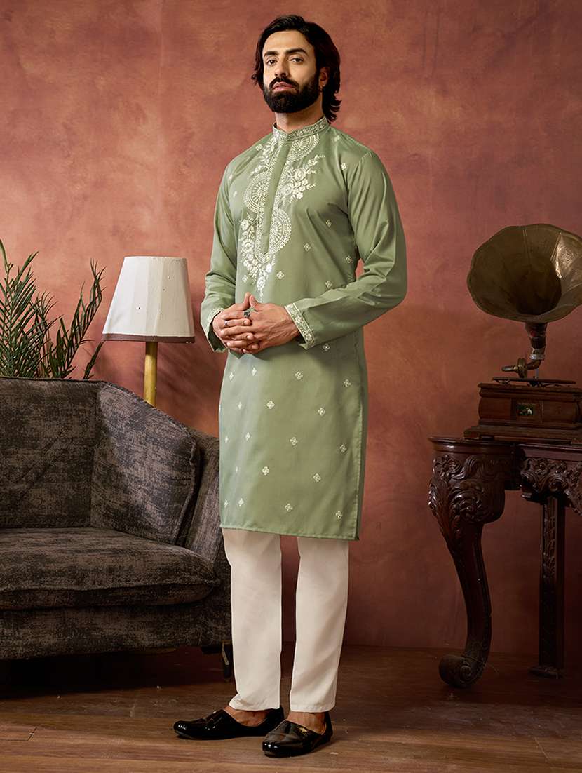 men solid with work mandarin neck long kurta - 22599020 -  Standard Image - 2