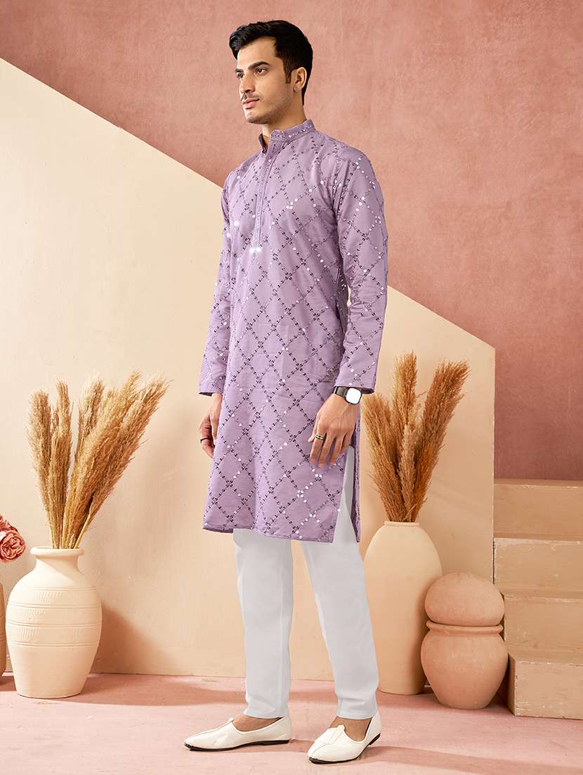 Men Solid With Work Mandarin Neck Long Kurta - 22599037 -  Standard Image - 2