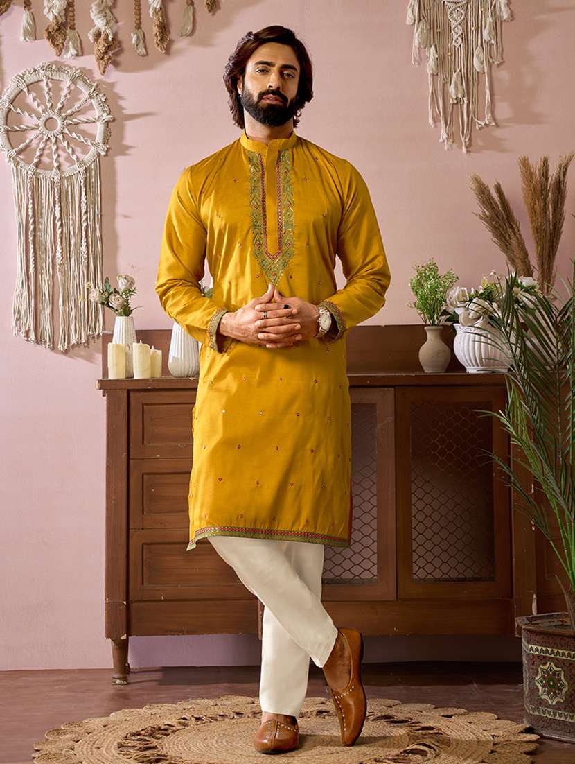 men solid with work mandarin neck long kurta