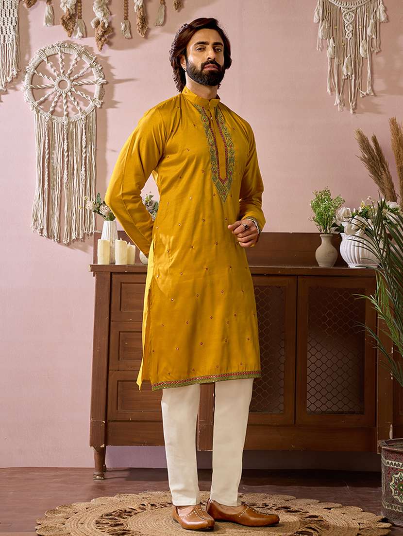 men solid with work mandarin neck long kurta - 22599048 -  Standard Image - 2