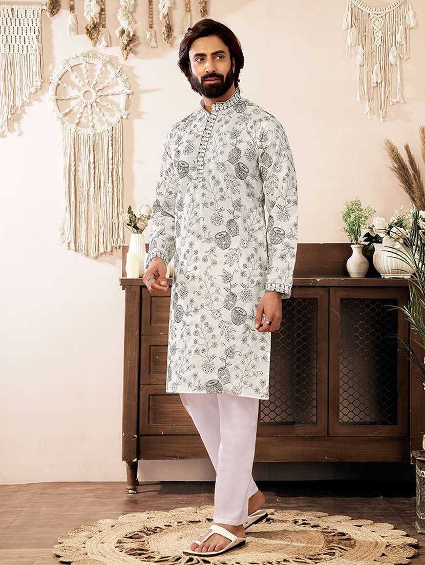 Men Solid With Work Mandarin Neck Long Kurta - 22599059 -  Standard Image - 2