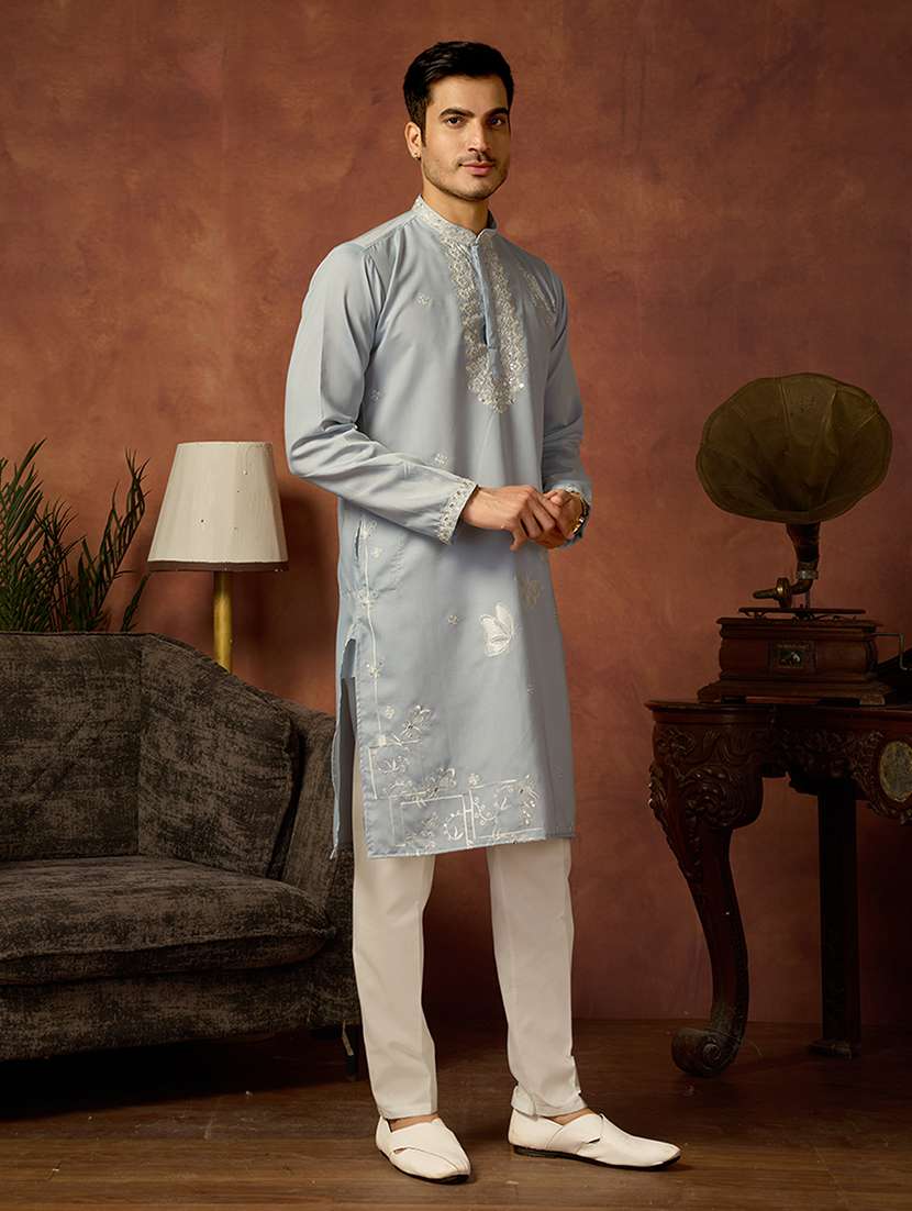 men solid with work mandarin neck long kurta - 22599064 -  Standard Image - 2