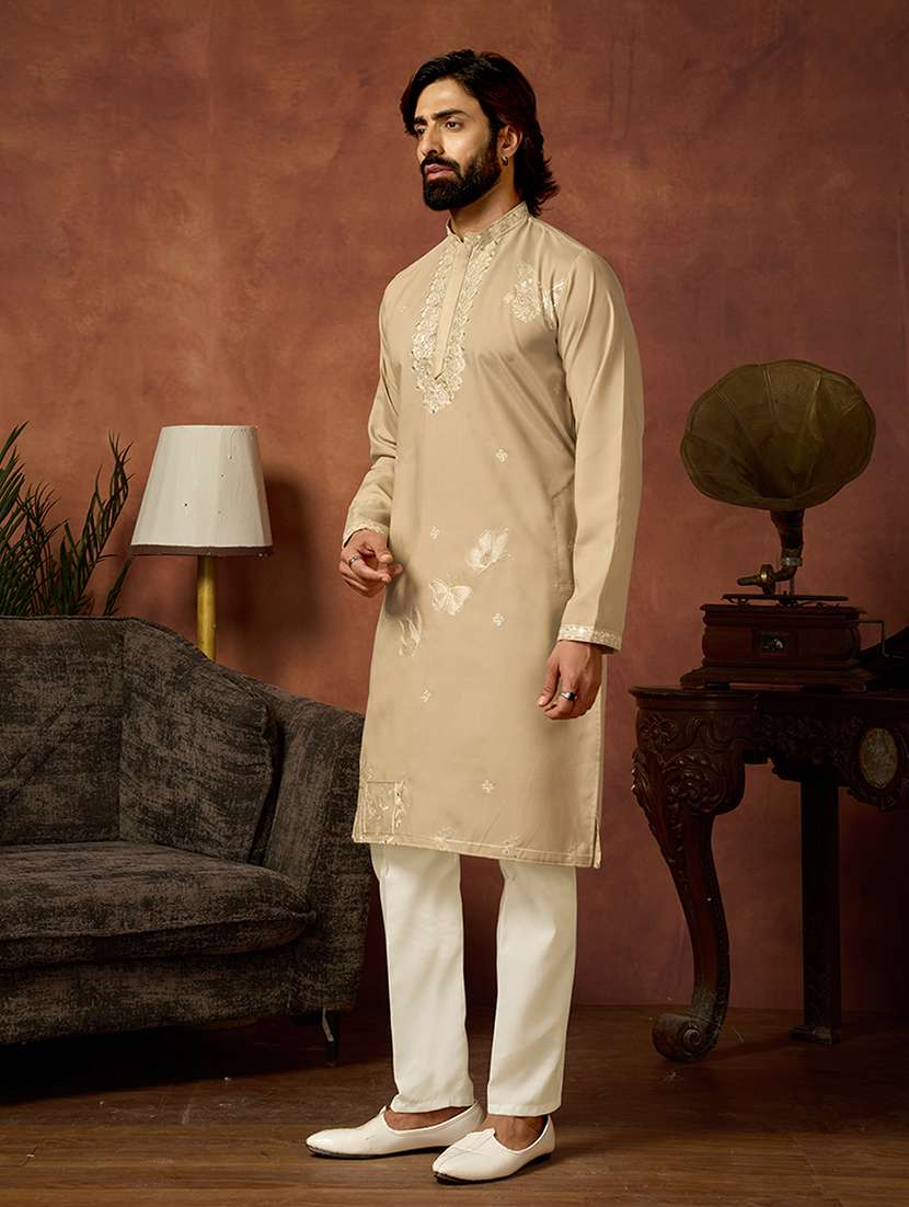 men solid with work mandarin neck long kurta - 22599065 -  Standard Image - 2