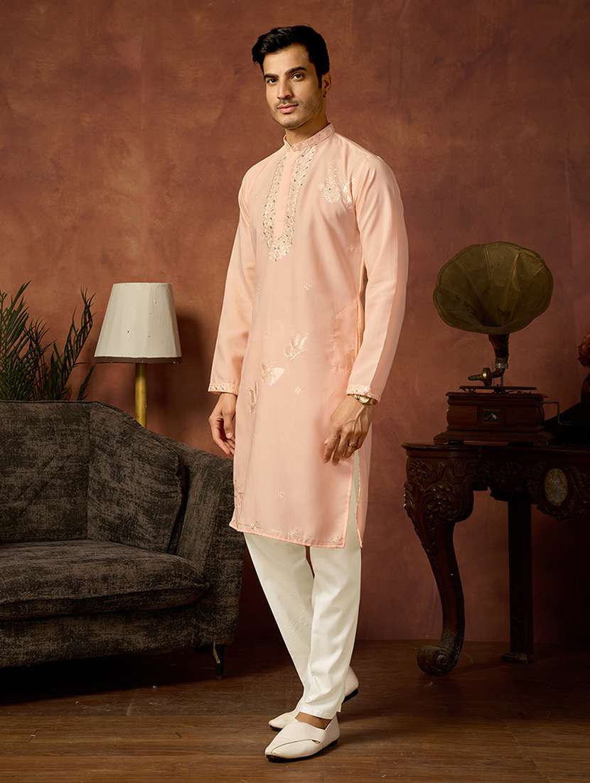 men solid with work mandarin neck long kurta - 22599066 -  Standard Image - 2