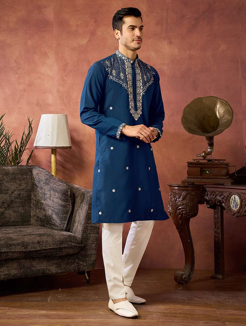 Men Solid With Work Mandarin Neck Long Kurta - 22599067 -  Standard Image - 2