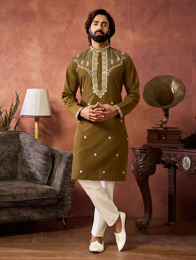 men solid with work mandarin neck long kurta