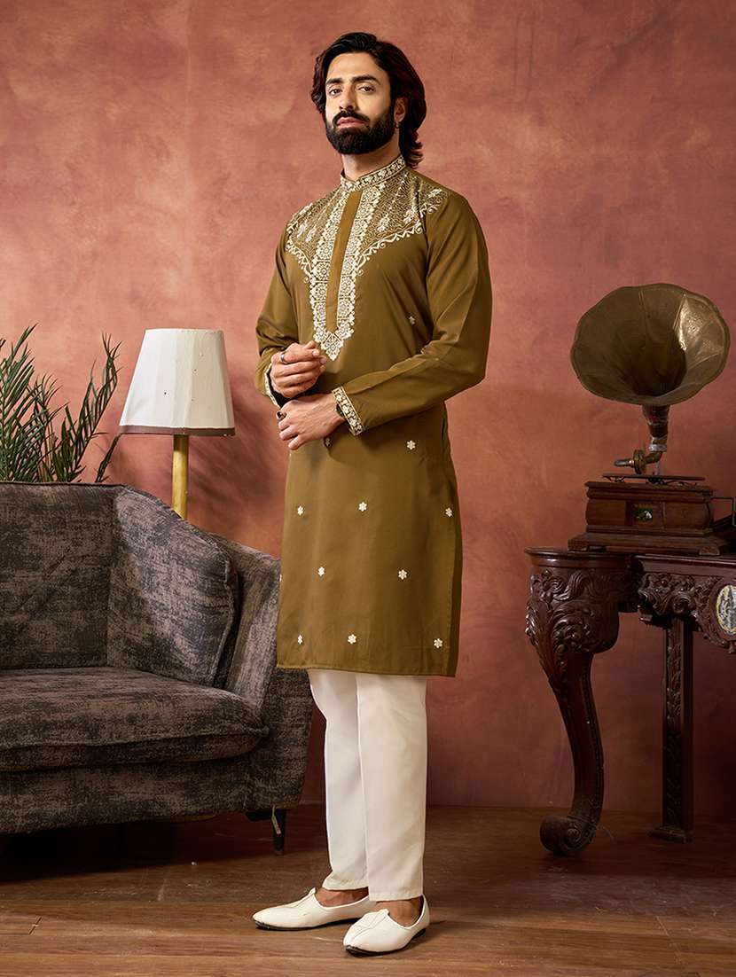 Men Solid With Work Mandarin Neck Long Kurta - 22599068 -  Standard Image - 2